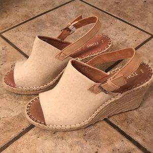 Tom’s Oatmeal Canvas Wedges. Never Worn. Size 10.